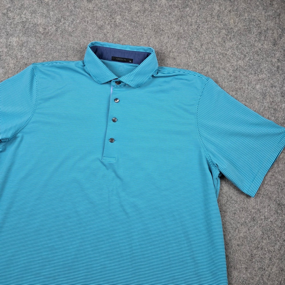 Greyson Polo Shirt Mens XL Blue Striped Performance Golf Wolf Logo Short Sleeve